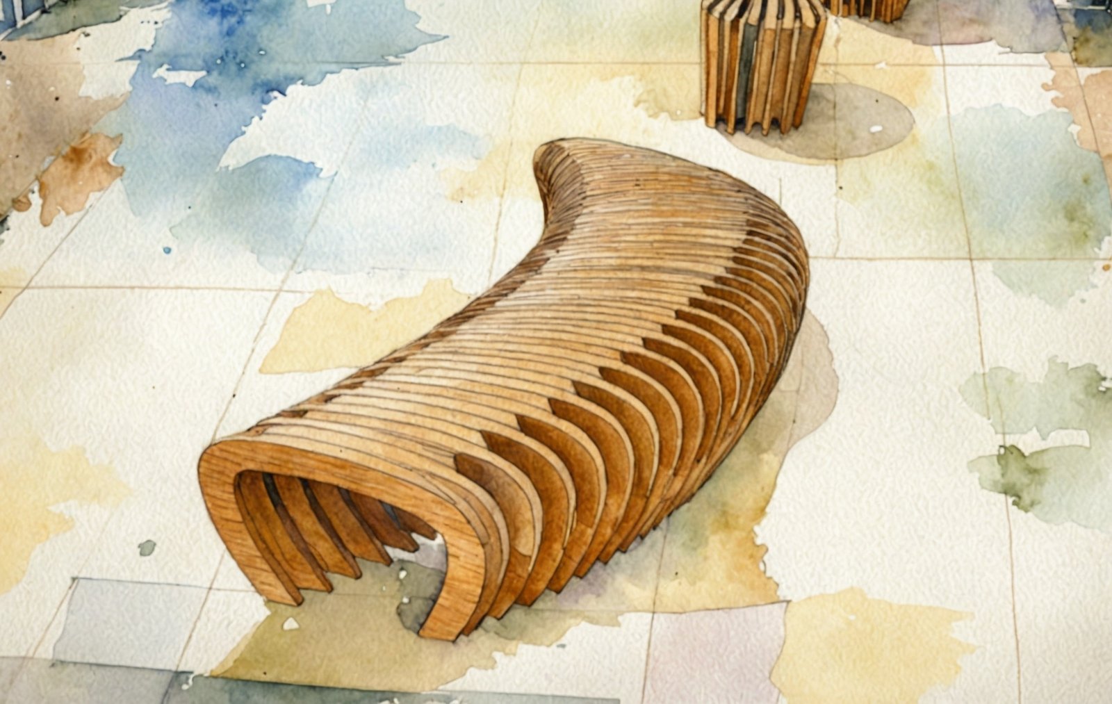 Акварель: скамья parametrica© на плиточном полу торгового центра MEGA, Алматы